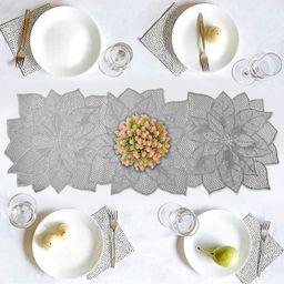 Aura Silver-Toned Flower Design Leather Table Runner-36