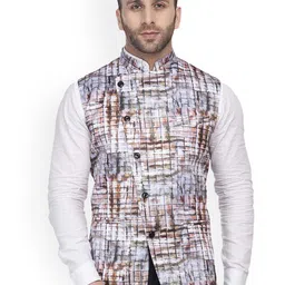 VEERA PARIDHAAN Satin Printed Mandarin Collar Nehru Jacket-image-11