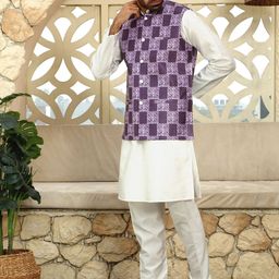 KRAFT INDIA Mandarin Collar Straight Kurta with Churidar & Printed Nehru Jacket-picture-56