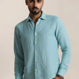 Uncluttered Closet Men Standard Fit Spread Collar Solid Linen Casual Shirt-image-65