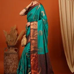 SILKWEAR Ethnic Motifs Woven Design Zari Kanjivaram Saree with Blouse Piece-picture-18