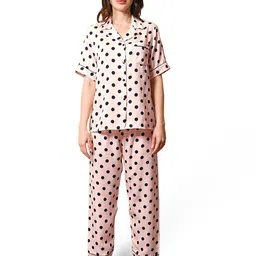 Sleepsia Women's Blush Pink Polka Dot Satin Half Sleeves Shirt & Pyjama Night Set-image-83