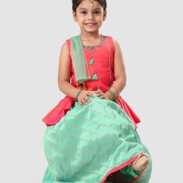 Babyhug Sleeveless Embroidered Choli & Lehenga with Dupatta - Green Orange-picture-8