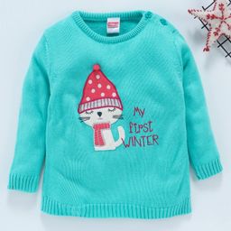 Babyhug Full Sleeves Sweater Kitty Embroidered - Light Green-image-75