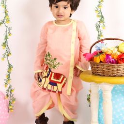 Little Bansi Full Sleeves Elephant Embroidered Kurta With Dhoti - Peach-image-70
