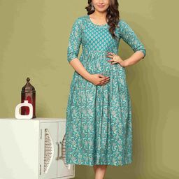 UrbanRang Cotton Floral Printed Fit and Flare Maternity Midi Dress-image-63