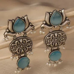 VENI 92.5 Silver-Plated Artificial Stones Studded And Beaded Floral Oxidised Drop Earrings-23