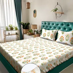 KLOTTHE Cream & Green Floral Printed 300 TC Double Bedsheet Set -2.5 x 2.25 m-picture-26