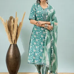 DIVASTRI Women Floral Printed Regular Pure Cotton Kurta with Trousers & With Dupatta-picture-47