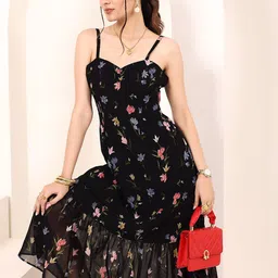 KAORI BY SHREYA AGARWAL Black Floral Printed Midi Ruffled Chiffon Dress-image-87