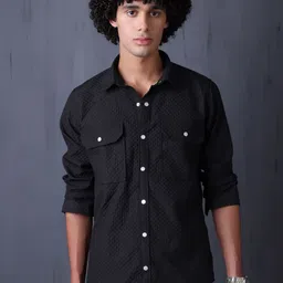 FILO HEVIS Men Classic Spread Collar Textured Pocket Detailing Cotton Casual Shirt-image-27
