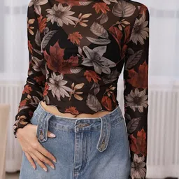 CORSICA Women Floral Printed High Neck Pockets T-shirt-picture-20