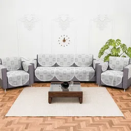 Myntra Elegant Homes White & Grey 16 Pcs Self Design 5 Seater Cotton Sofa Covers With Arms-19