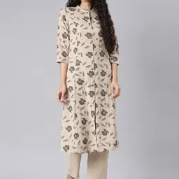 Neerus Floral Printed Mandarin Collar Linen Straight Kurta With Trousers-picture-28