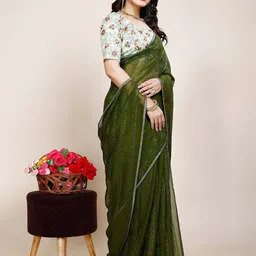 K 5 Fashion Striped Sequinned Pure Chiffon Saree-45