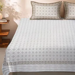 eyda White & Beige Floral 180 TC King Bedsheet with 2 Pillow Covers-image-69