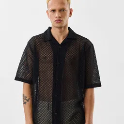 Snitch Men Relaxed Fit Textured Cuban Collar Casual Shirt-image-70