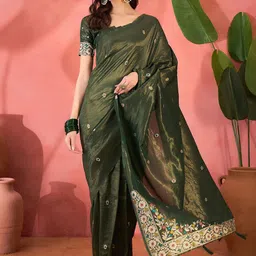 DIVASTRI Ethnic Motifs Woven Design Zari Saree with Blouse Piece-picture-29
