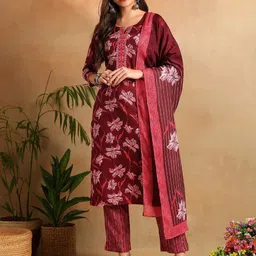 KALINI Floral Printed Notch Neck Straight Kurta With Trousers & Dupatta-48