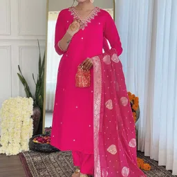 JAPNAAM Floral Embroidered Sequinned Straight Kurta With Trouser And Dupatta-picture-58