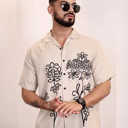 Eszett Men Floral Printed Cuban Collar Pure Cotton Casual Shirt-image-64