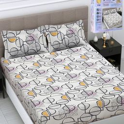 FABINALIV Off White & Yellow Geometric 300 TC King Bedsheet with 2 Pillow Covers-picture-15