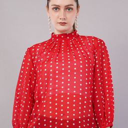 FLY STITCH Polka Dot Print Puff Sleeve Georgette Top-image-79