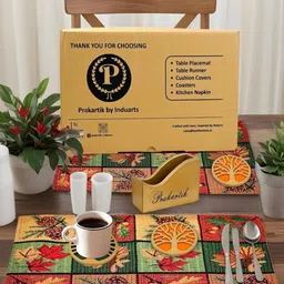 PRAKARTIK 9-Pcs Green & Red Printed Table Placemats&Coasters-16