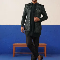 TheEthnic.Co Men Black Textured Sherwani Set-picture-4