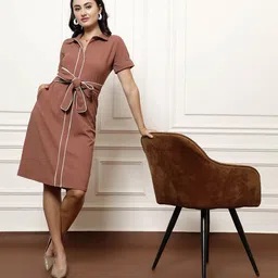 Athena Immutable Women's Scuba A-Line solid belted knee length dress-image-65