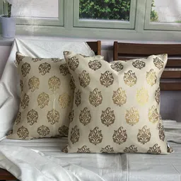 Pink Parrot Beige & Gold-Toned 2 Pieces Ethnic Motifs Jacquard Silk Square Cushion Covers-image-21