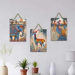 ArtVibes 3-Pcs Beige & Blue Jaipur Deer in Forest Wooden Wall Hanging Decor-image-33