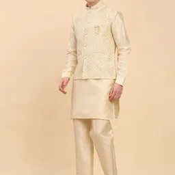 Pro-Ethic STYLE DEVELOPER Mandarin Collar Sequinned Pure Silk Kurta with Trousers & Jacket image 3
