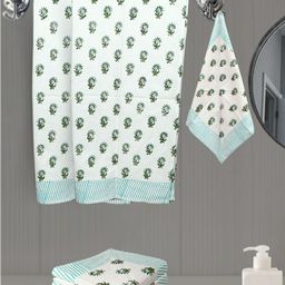 LIVING ROOTS Green 6 Pieces Block Printed 210 GSM Waffle Cotton Soft & Absorbent Towel Set-15