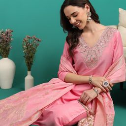 NEW ETHNIC 4 YOU Women Floral Embroidered Regular Kurti with Trousers & With Dupatta-image-98