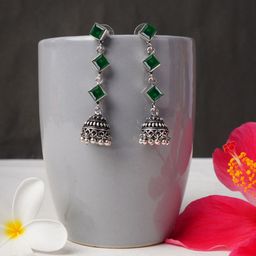 Bamboo Tree Jewels Crystals Studded And Beaded Oxidised Dome Shaped Jhumkas-image-91