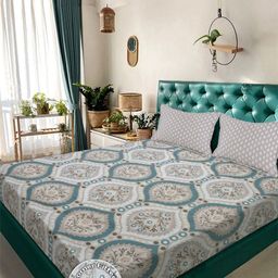 Aura Grey & Teal Floral 300 TC Fitted Double King Bedsheet Set 2.50 m x 2.25 m-picture-45