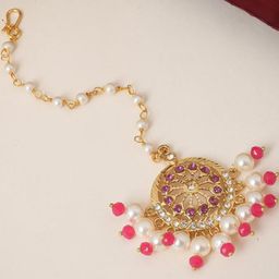 flying beads Gold-Plated Artificial Stones Studded Maang Tikka Head Jewellery-image-79