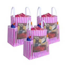 prettykrafts Pink & White 3 Pieces Striped Foldable Laundry Bag With Side Pockets-45L Each-56