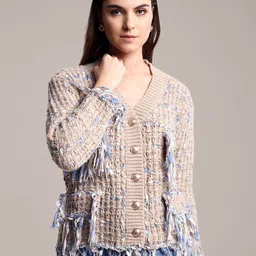 iki chic Women Woollen Cardigan with Fringed Detail-image-66