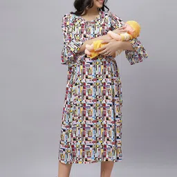 Mammas Maternity Floral Print Keyhole Neck Bell Sleeve Maternity Empire Midi Dress-image-86