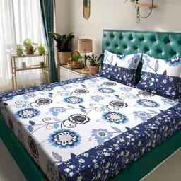 Myntra Elegant Homes White & Blue Floral Printed 300 TC King Bedsheet Set 2.5 m x 2.25 m-17