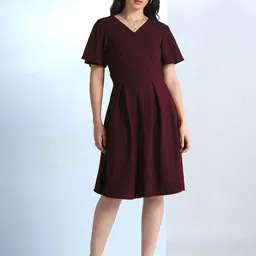 Selvia Edge Flutter Sleeve V-Neck Gathered or Pleated Fit & Flare Dress-picture-7