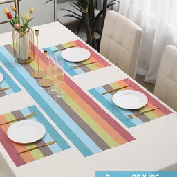 HOKIPO Set Of 5 Multi-Stripes Rectangular Table Placemats & Table Runner image 5