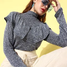 Athena Women Navy Blue Woollen Pullover with Fuzzy Detail-image-96