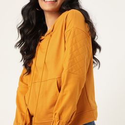 DressBerry Women Mustard Yellow Solid Hooded Sweatshirt-image-96