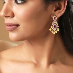 Rubans 22KT Gold-Plated Cubic Zirconia Studded and Pearls Drop Earrings-15