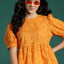 DressBerry Puff Sleeve Pure Cotton Schiffli Top-picture-16