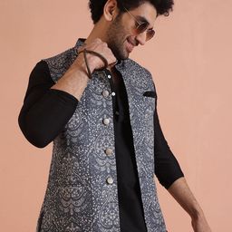 KISAH Mandarin Collar Straight Kurta with Churidar & Ethnic Motifs Printed Nehru jacket-image-87