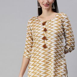 SheWill Women Mustard Yellow & White Geometric Ikat Printed Cotton Straight Kurta-image-13
